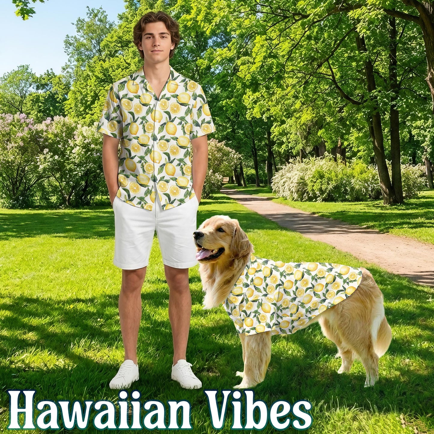 Netecom Matching Lemon Aloha Hawaiian Shirt for Dog and Owner, Bright Fruit Theme Summer Button Down Shirt, Cute Pet and Human Matching Outfit, Relaxed Beach Vacation Casual Wear