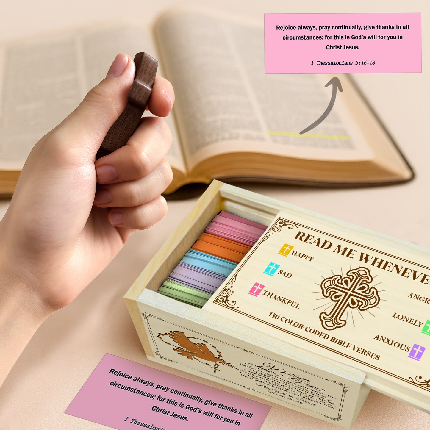 Netecom Personalized Bible Verse Box with 150 Color-Coded Scriptures, Custom Name & Year on Box, Custom Name on Wooden Cross – Christian Faith Keepsake Gift for Daily Prayer, Reflection & Spiritual Encouragement