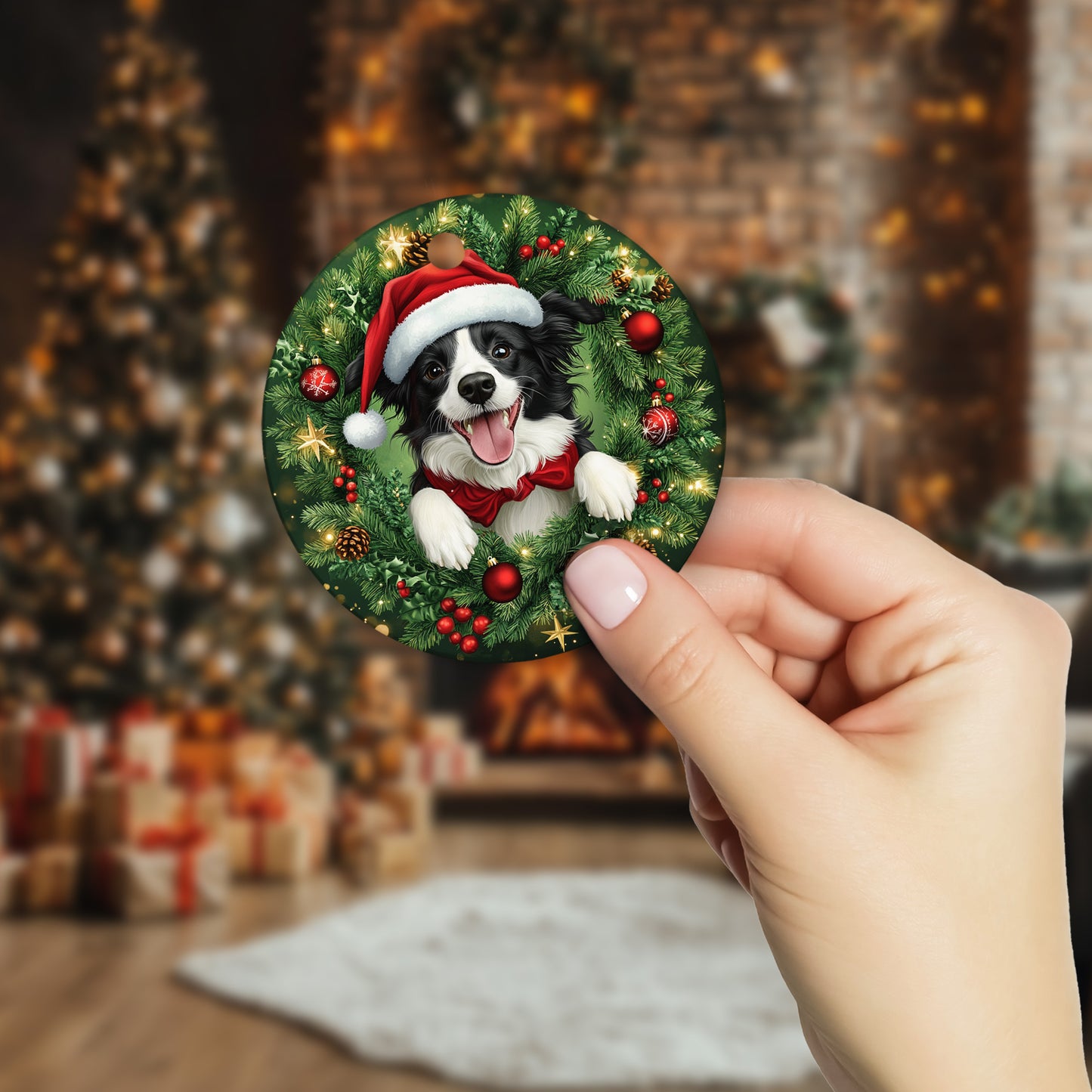 Netecom Cute Border Collie Christmas Ornament, Dog Santa Hat Ceramic Ornament for Xmas Tree Hanging Decorations Gift, Puppy Lover Gifts, Home Decor, Holiday Party Present