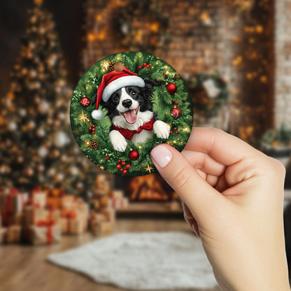 Netecom Cute Border Collie Christmas Ornament, Dog Santa Hat Ceramic Ornament for Xmas Tree Hanging Decorations Gift, Puppy Lover Gifts, Home Decor, Holiday Party Present