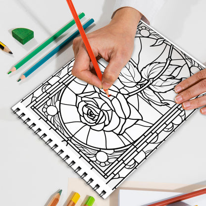 Flowers Stained Glass Spiral Bound Coloring Book, Vibrant Flower Designs in Stained Glass Style, Perfect for Botanical Lovers Seeking a Colorful Challenge