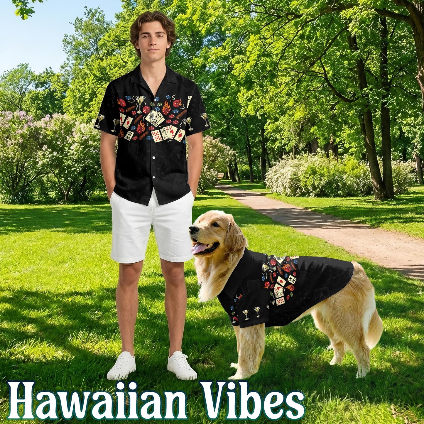 Netecom Matching Poker Theme Hawaiian Shirt for Pet and Owner, Aloha Summer Shirt, Poker Gambling Playing Card Print Outfit for Dog and Human, Casual Summer Beach Wear