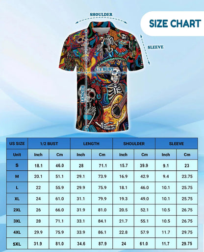 Dia de los Muertos Guitar Polo Shirt - Colorful Fiesta Style | Netecom