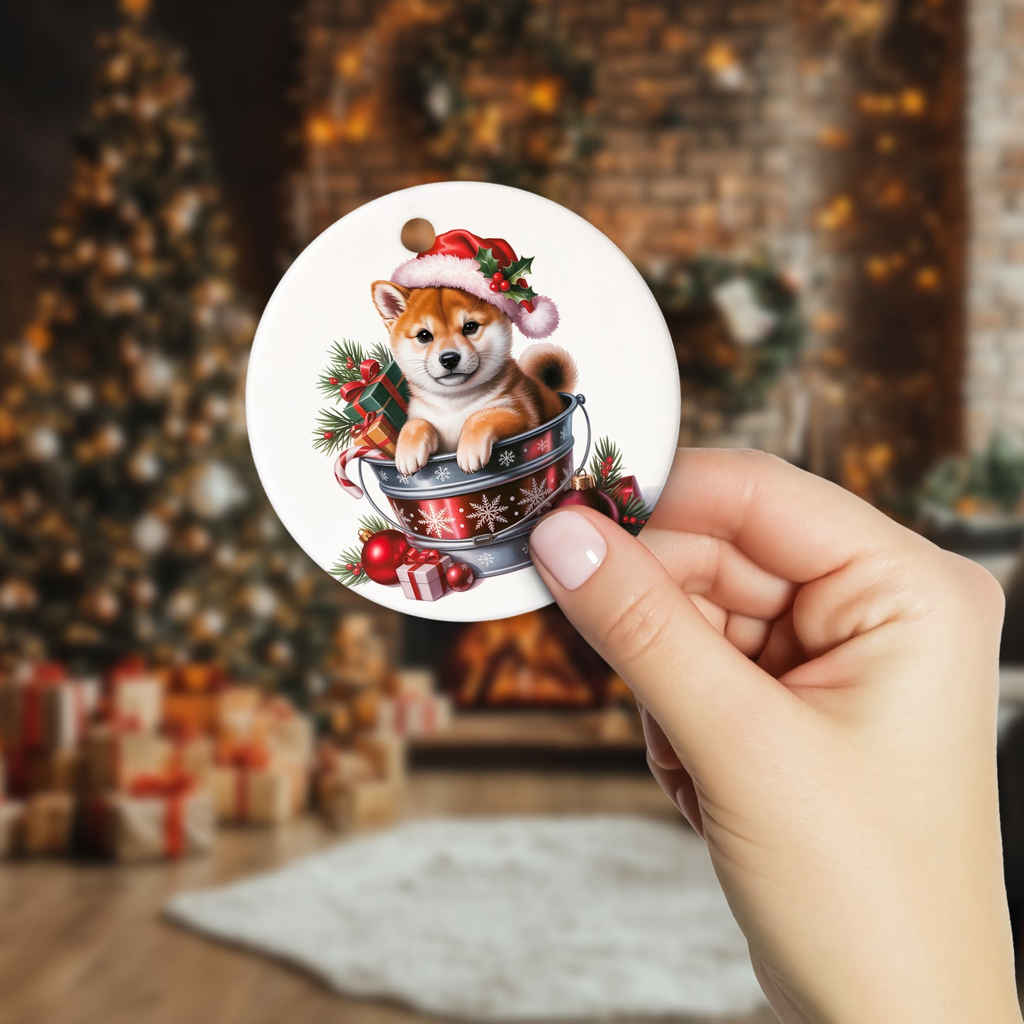 Netecom Adorable Shiba Inu in Bucket Ornament, Shiba Dog with Santa Hat Ceramic Ornament for Christmas Tree Hanging Decorations Gift, Puppy Lover Gifts, Home Decor, Holiday Party Present