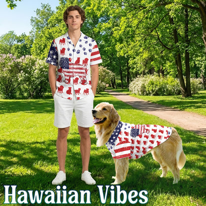 Netecom Matching Pug Flag Hawaiian Shirt for Dog and Owner, Aloha Summer Shirt, Pug Print Button Down Outfit for Pet and Human, Beach Vacation Casual Wear