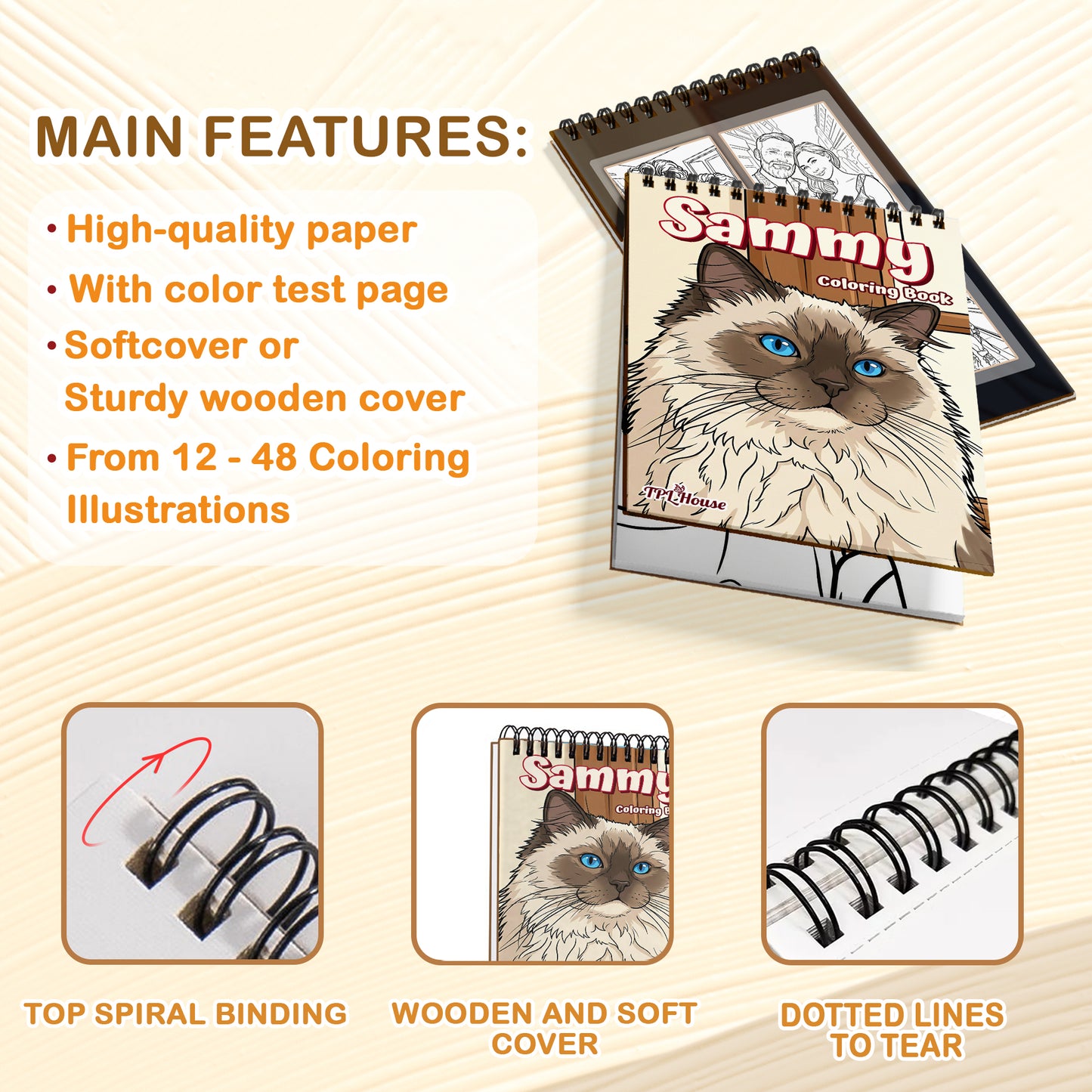 Personalized Pet Coloring Book for Adults – Custom Coloring Pages from Your Pet Photos , 12–48 Pages, Gift for Dog, Cat, and Animal Lovers, Premium Wooden Cover, Spiral Binding