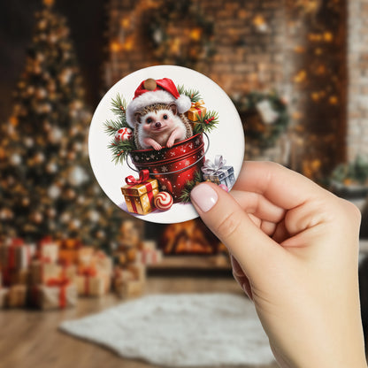 Netecom Baby Hedgehog in Bucket Ornament, Forest Animal with Santa Hat Ceramic Ornament for Christmas Tree Hanging Decorations Gift, Hedgehog Lover Gifts, Home Decor, Holiday Party Present