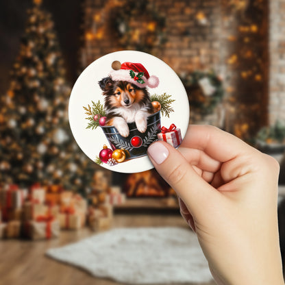 Netecom Cute Shetland Sheepdog in Bucket Ornament, Sheltie with Santa Hat Ceramic Ornament for Christmas Tree Hanging Decorations Gift, Dog Lover Gifts, Home Decor, Holiday Party Present