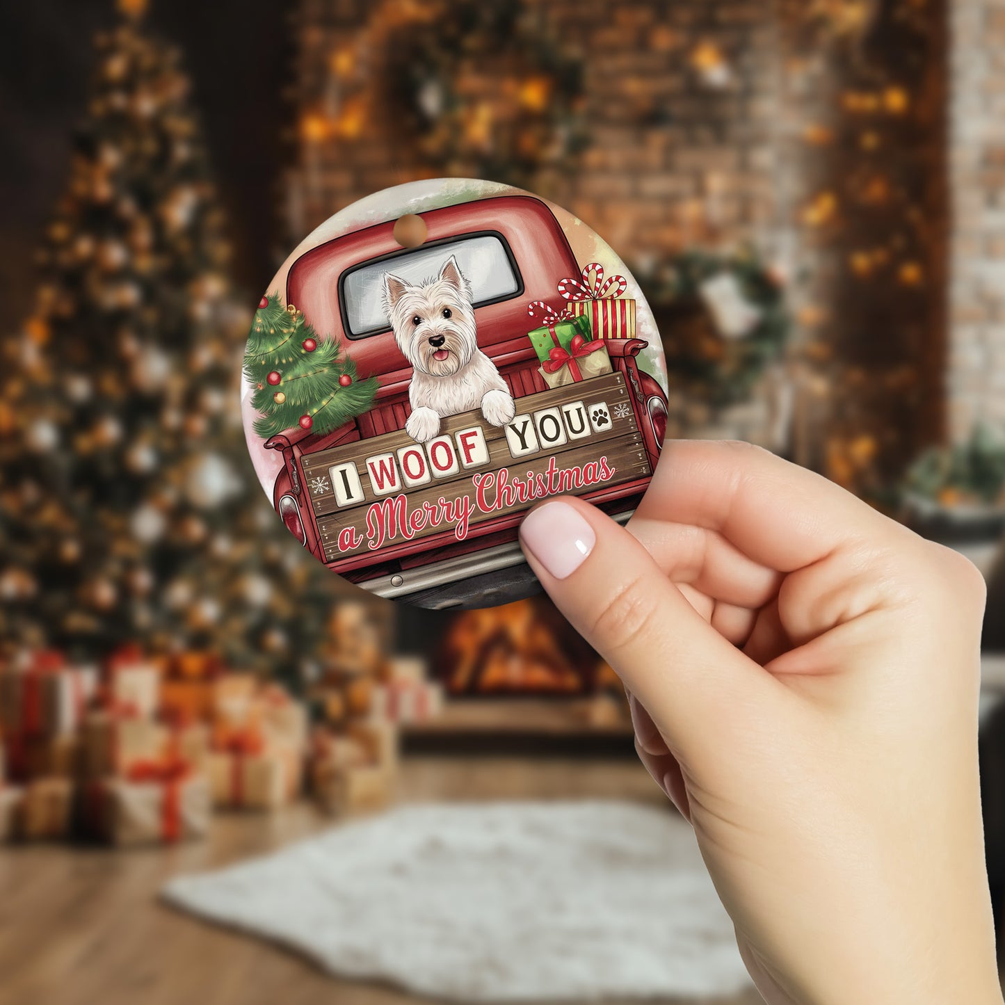 Netecom Cute Westie Puppy in Holiday Truck Ornament, I Woof You a Merry Christmas Ceramic Ornament for Christmas Tree Hanging Decorations Gift, Pet Lover Gifts, Holiday Decor Present