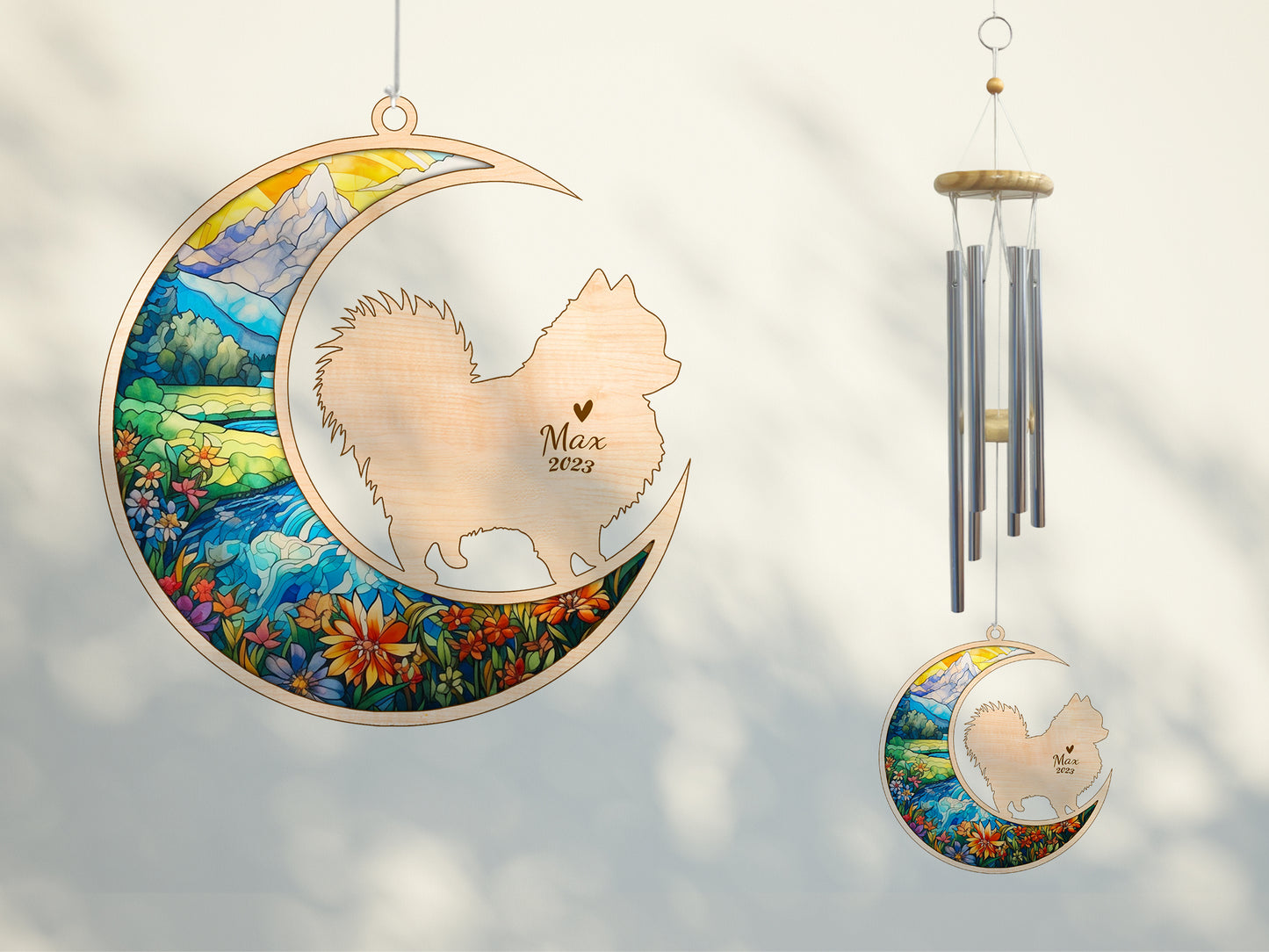Netecom Pomeranian Dog Wind Chimes Memorial, Personalized Pet Memorial Wind Chimes for Dog Suncatcher, Pom Dog Loss Memorial Ornament, Loss of Pet Sympathy Gift, Remembrance Windchime Outside Garden Decor