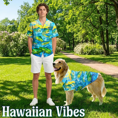 Netecom Matching Mahi-Mahi Fish Fishing Hawaiian Shirt for Dog and Owner, Aloha Summer Shirt, Ocean Fish Print Outfit for Pet and Human, Beach Vacation Casual Wear