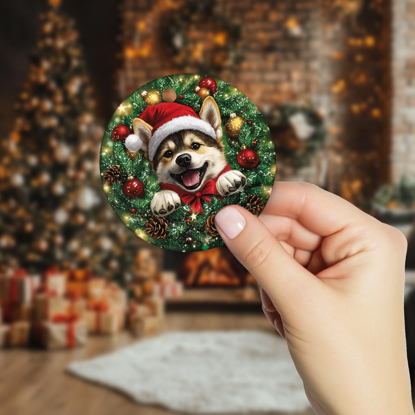 Netecom Funny Akita Christmas Ornament, Dog Santa Hat Ceramic Ornament for Xmas Tree Hanging Decorations Gift, Puppy Lover Gifts, Home Decor, Holiday Party Present