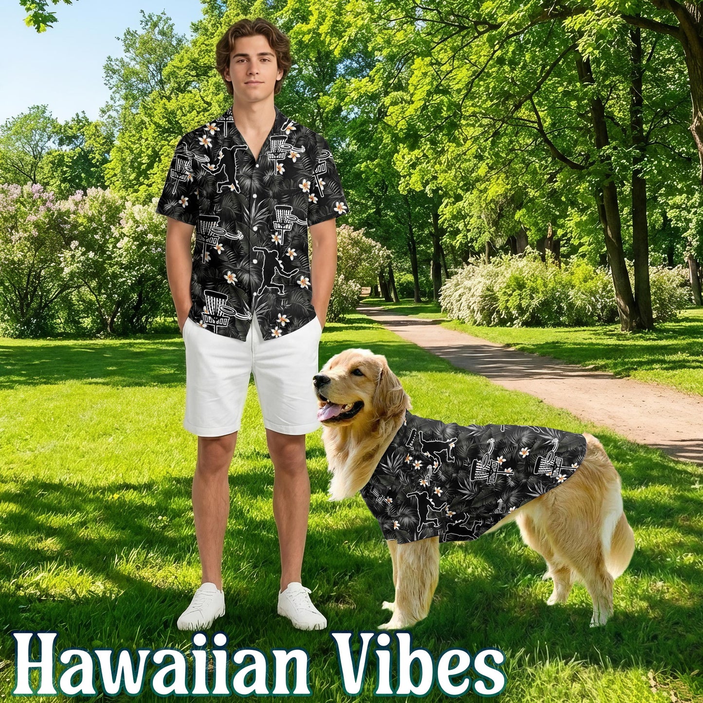 Netecom Matching Disc Golf Hawaiian Shirt for Dog and Owner, Tropical Flower Aloha Summer Shirt, Disc Golf Print Outfit for Pet and Human, Beach Vacation Casual Wear