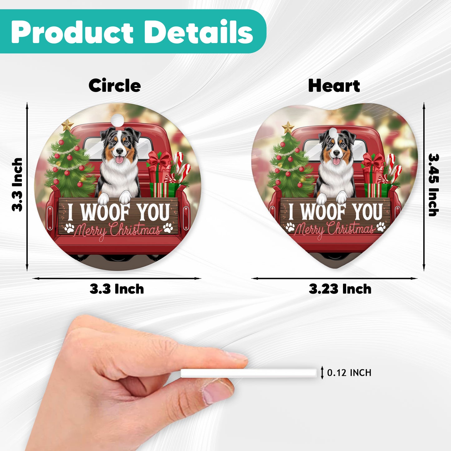 Netecom Cute Australian Shepherd in Holiday Truck Ornament, I Woof You Merry Christmas Ceramic Ornament for Christmas Tree Hanging Decorations Gift, Pet Lover Gifts, Holiday Decor Present