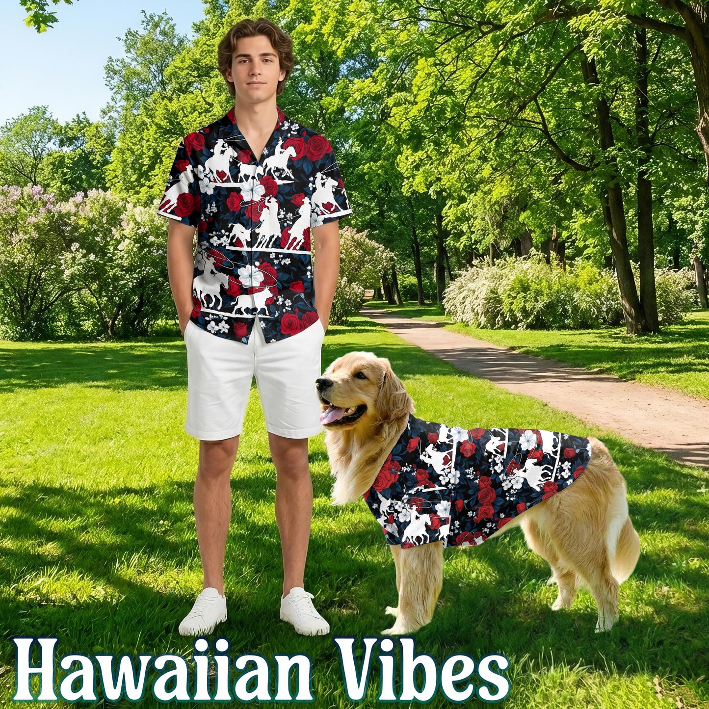 Netecom Matching Flower Horse Roping Aloha Hawaiian Shirt for Dog and Owner, Aloha Summer Shirt, Western Floral Horse Print Outfit for Pet and Human, Beach Vacation Casual Wear