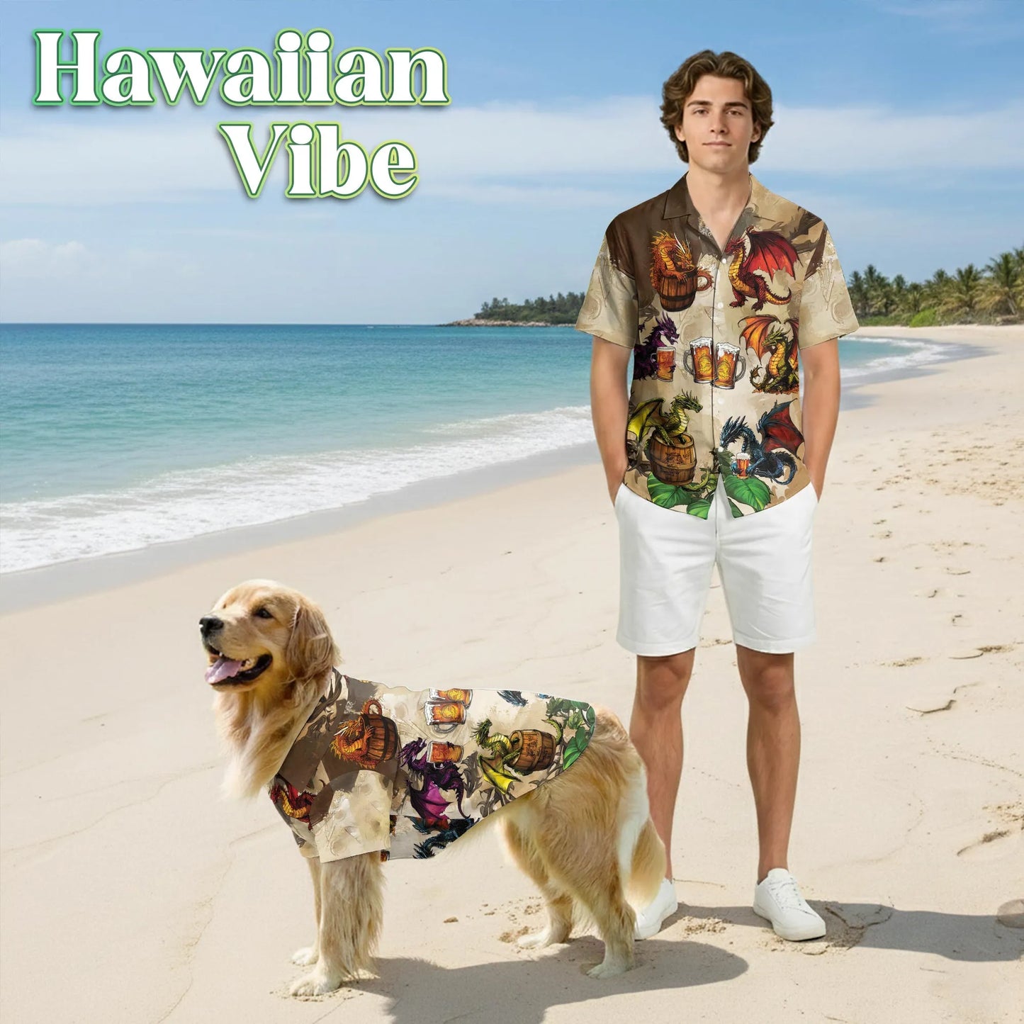 Dragon Drinks Beer Fantasy Hawaii Dog and Owner Matching Button Shirts