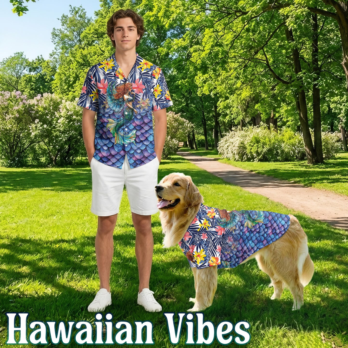 Netecom Matching Mermaid Aloha Hawaiian Shirt for Dog and Owner, Ocean Theme Summer Button Down Shirt, Cute Pet and Human Matching Look, Relaxed Beach Vacation Casual Wear