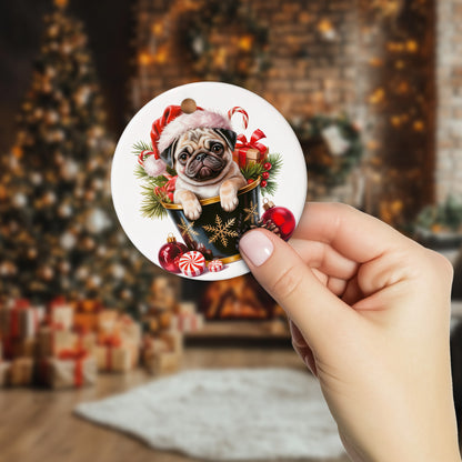 Netecom Cute Pug in Bucket Ornament, Dog with Santa Hat Ceramic Ornament for Christmas Tree Hanging Decorations Gift, Puppy Lover Gifts, Home Decor, Holiday Party Present