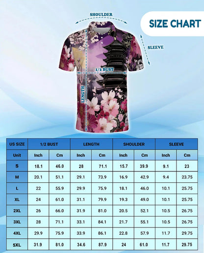 Sakura Pagoda Polo Shirt - Japanese Floral Art Style | Netecom