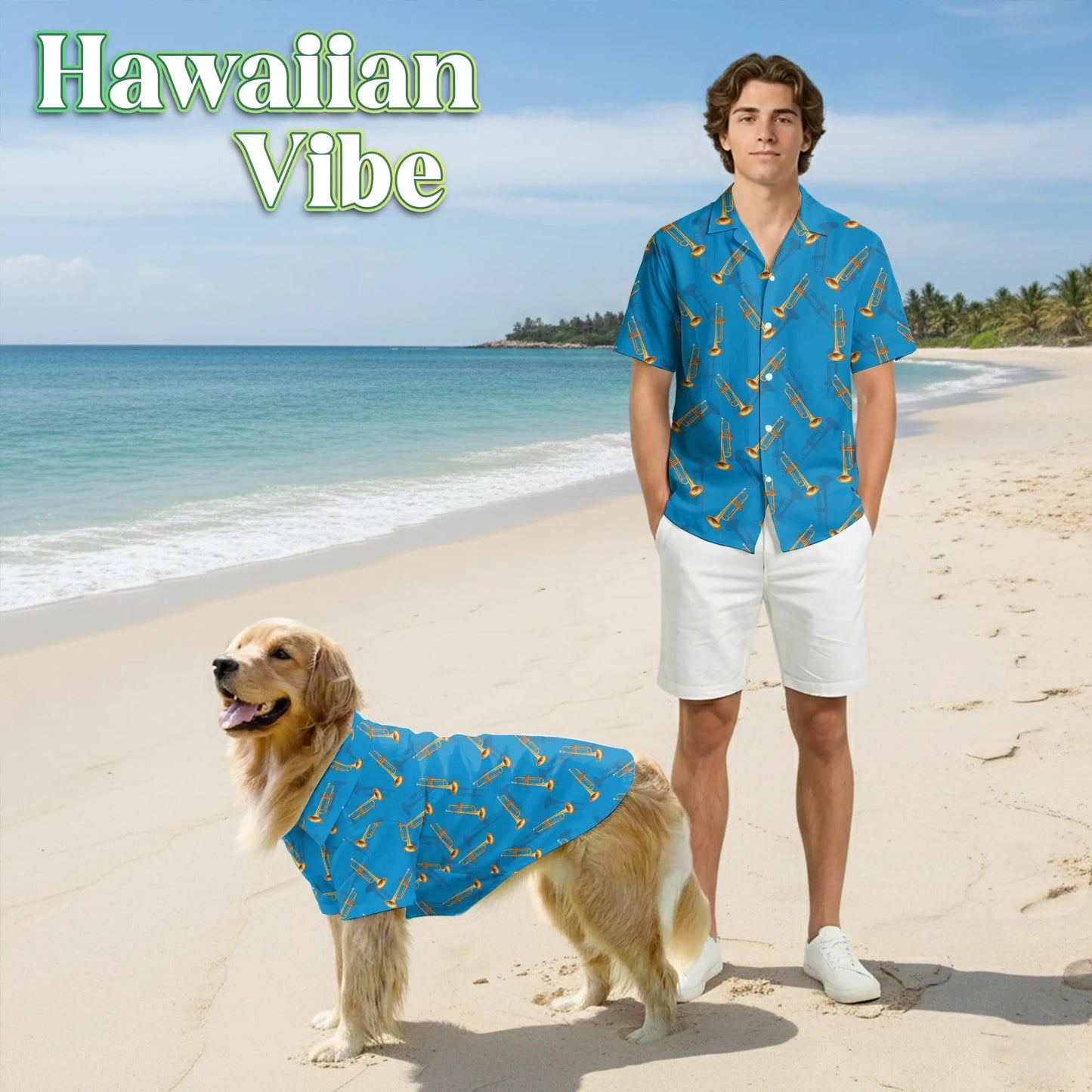 Trombone Pattern Print Hawaii Dog and Owner Matching Musical Instruments Button Shirts