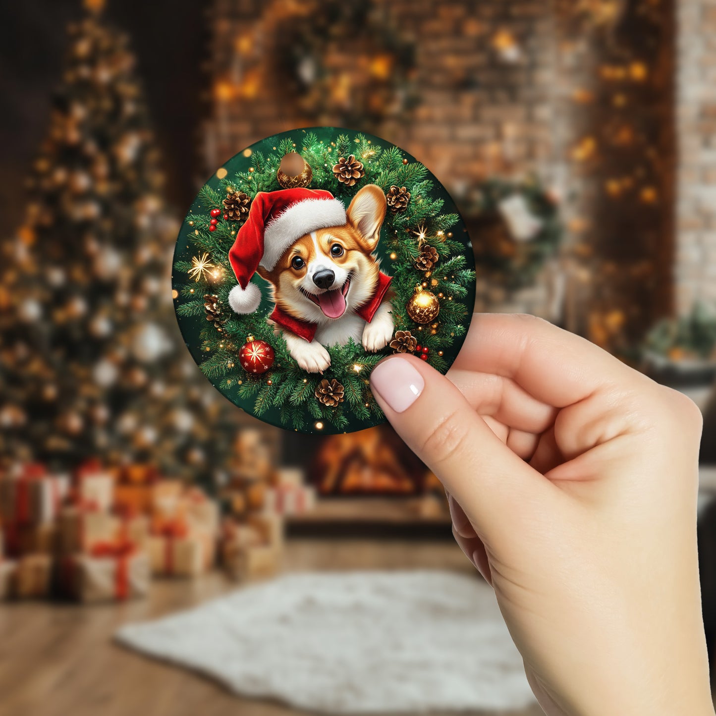 Netecom Cute Corgi Christmas Ornament, Dog Santa Hat Ceramic Ornament for Xmas Tree Hanging Decorations Gift, Puppy Lover Gifts, Home Decor, Holiday Party Present