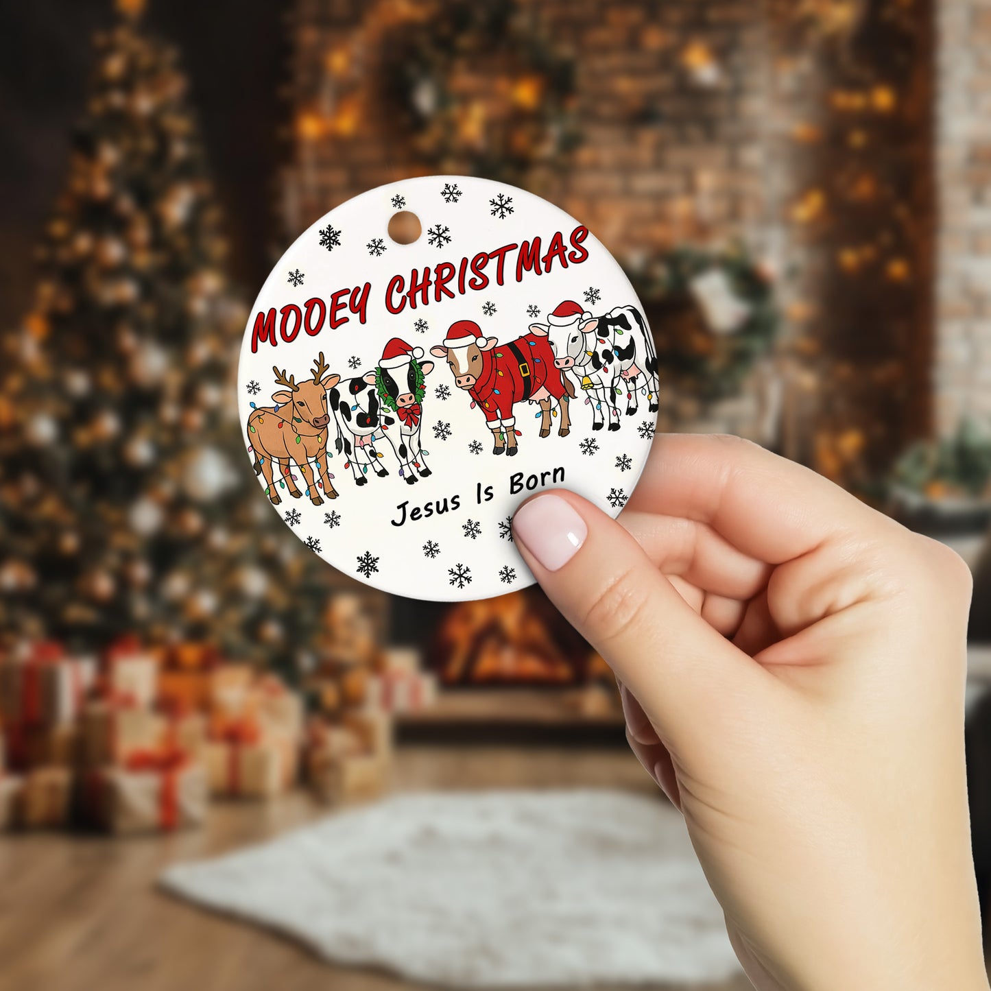 Netecom Funny Cow Christmas Ornament, Mooey Christmas Ceramic Ornament for Xmas Tree Hanging Decorations Gift, Farmer Gifts, Holiday Party Present