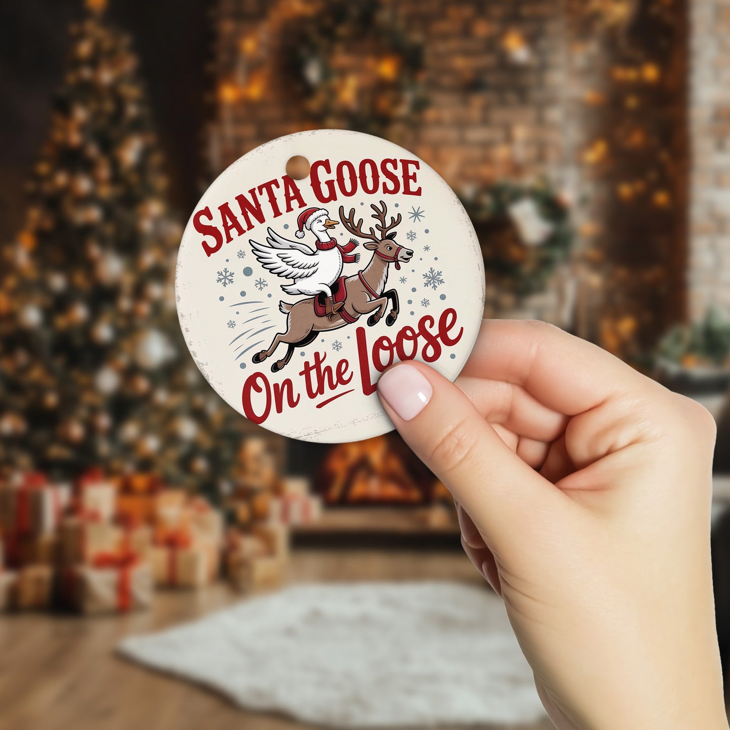 Netecom Funny Santa Goose on the Loose Ornament, Goose in Santa Hat Riding Reindeer Ceramic Ornament for Christmas Tree Hanging Decorations Gift, Duck Lover Gifts, Holiday Party Present