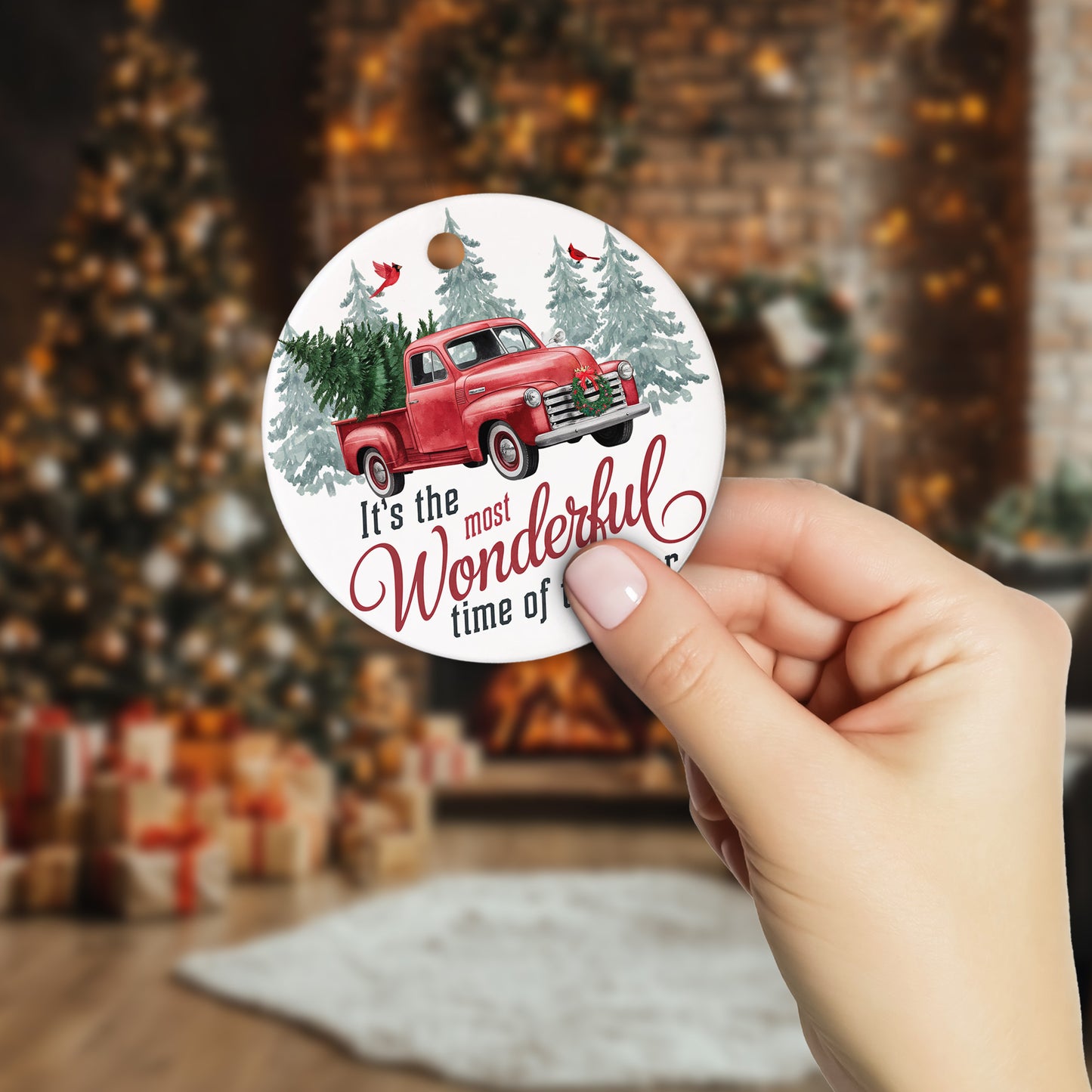 Netecom Funny Red Truck Christmas Tree Ornament, It’s the Most Wonderful Time of the Year Ceramic Ornament for Christmas Tree Hanging Decorations Gift, Truck Lover Gifts, Holiday Party Present