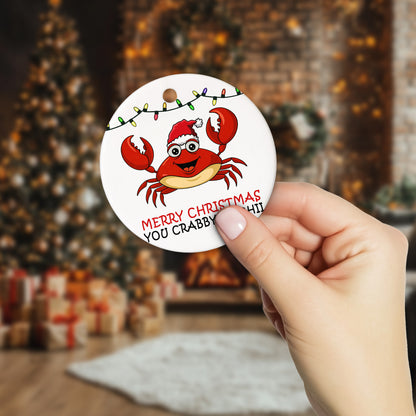 Netecom Funny Merry Christmas You Crabby Bitchii Ornament, Crab in Santa Hat Ceramic Ornament for Xmas Tree Hanging Decorations Gift, Crab Lover Gifts, Holiday Party Present