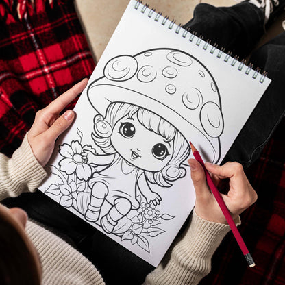 Kawaii Chibi Mushroom Spiral Bound Coloring Book, Embark on a Coloring Journey with 30 Kawaii Chibi Mushroom Designs