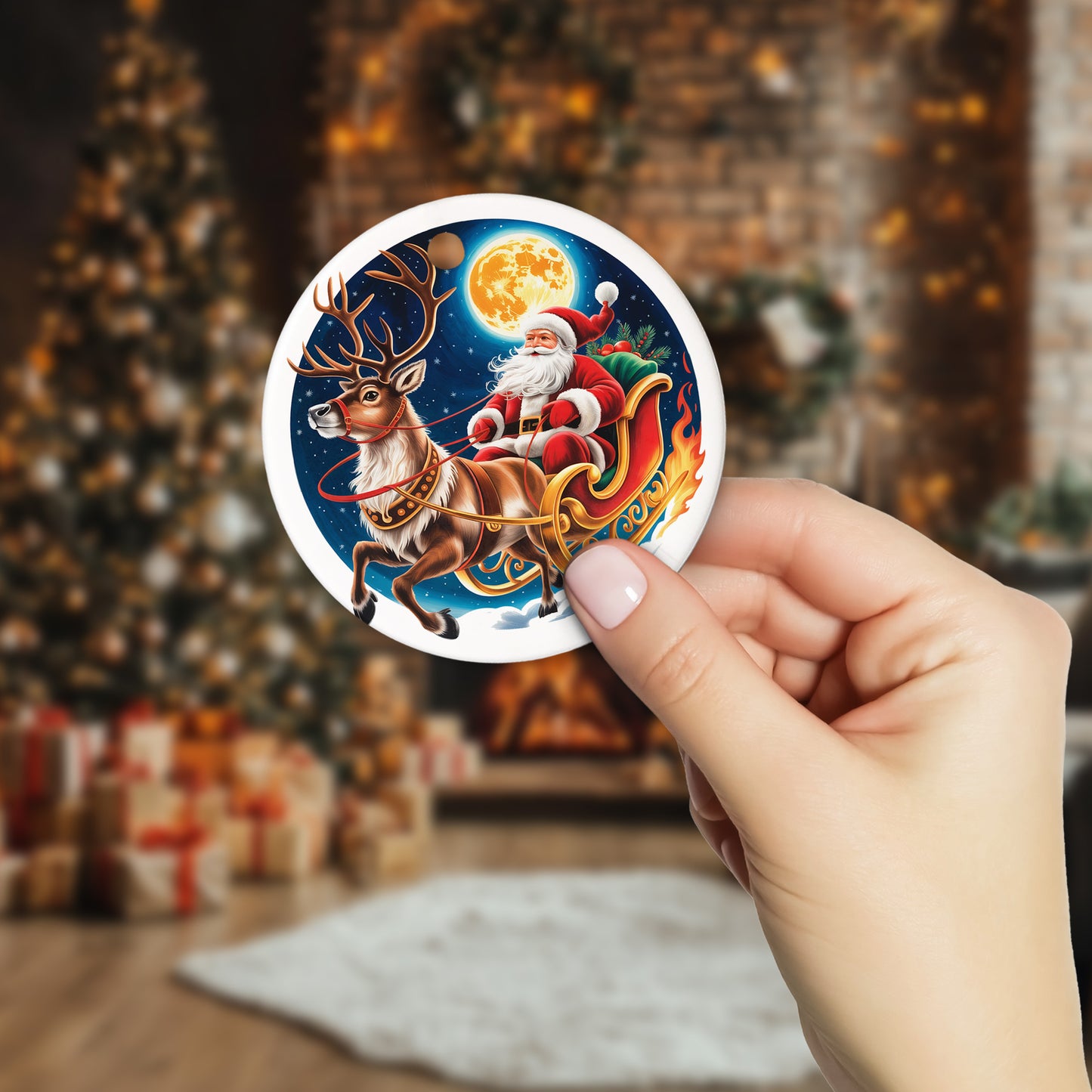 Netecom Funny Santa Claus Sleigh Ornament, Santa Claus and Reindeer Ceramic Ornament for Xmas Tree Hanging Decorations Gift, Gifts for Friends & Family, Holiday Party Present
