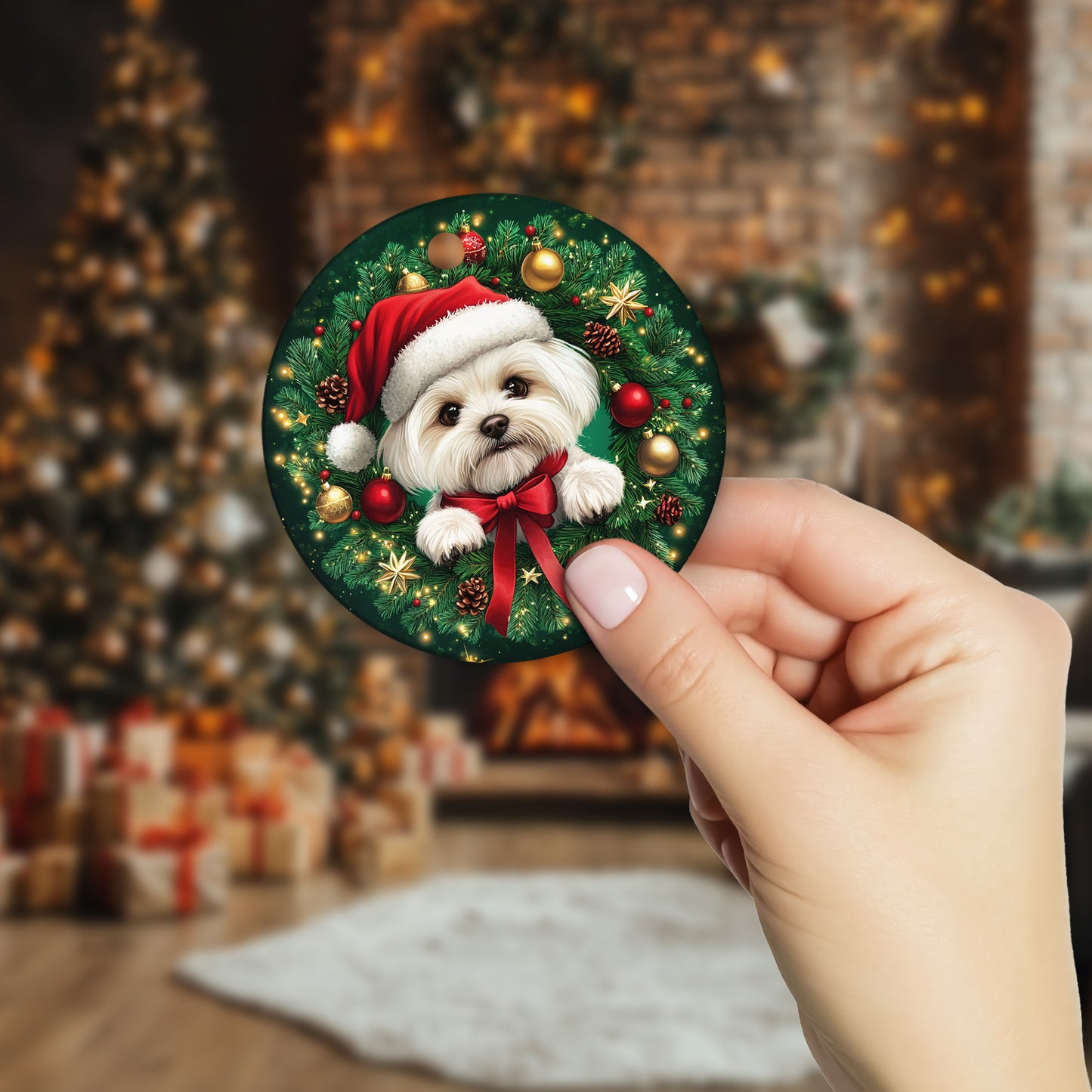 Netecom Cute Maltese Christmas Ornament, Dog Santa Hat Ceramic Ornament for Xmas Tree Hanging Decorations Gift, Puppy Lover Gifts, Home Decor, Holiday Party Present