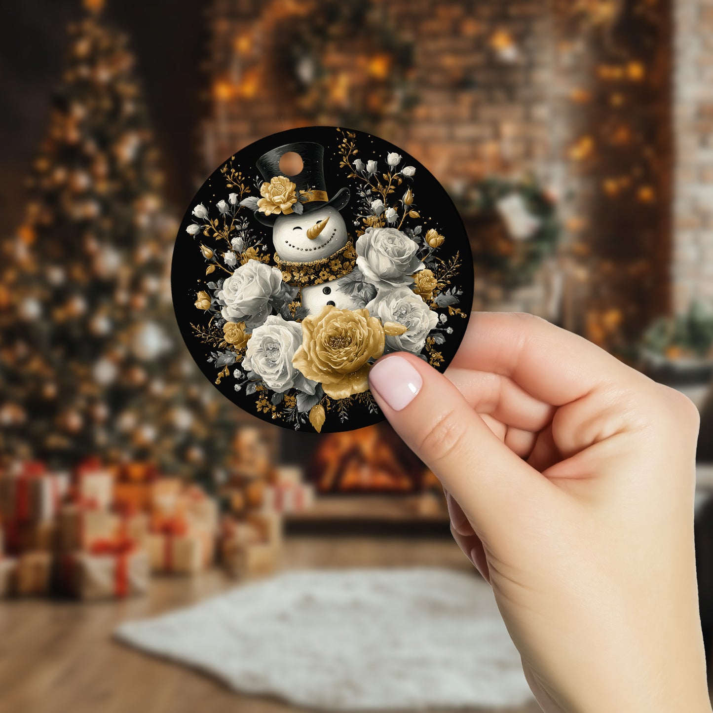 Netecom Funny Snowman Floral Ornament, Gold and White Christmas Ceramic Ornament for Xmas Tree Hanging Decorations Gift, Home Decor, Snowman Lover Gifts, Holiday Party Present