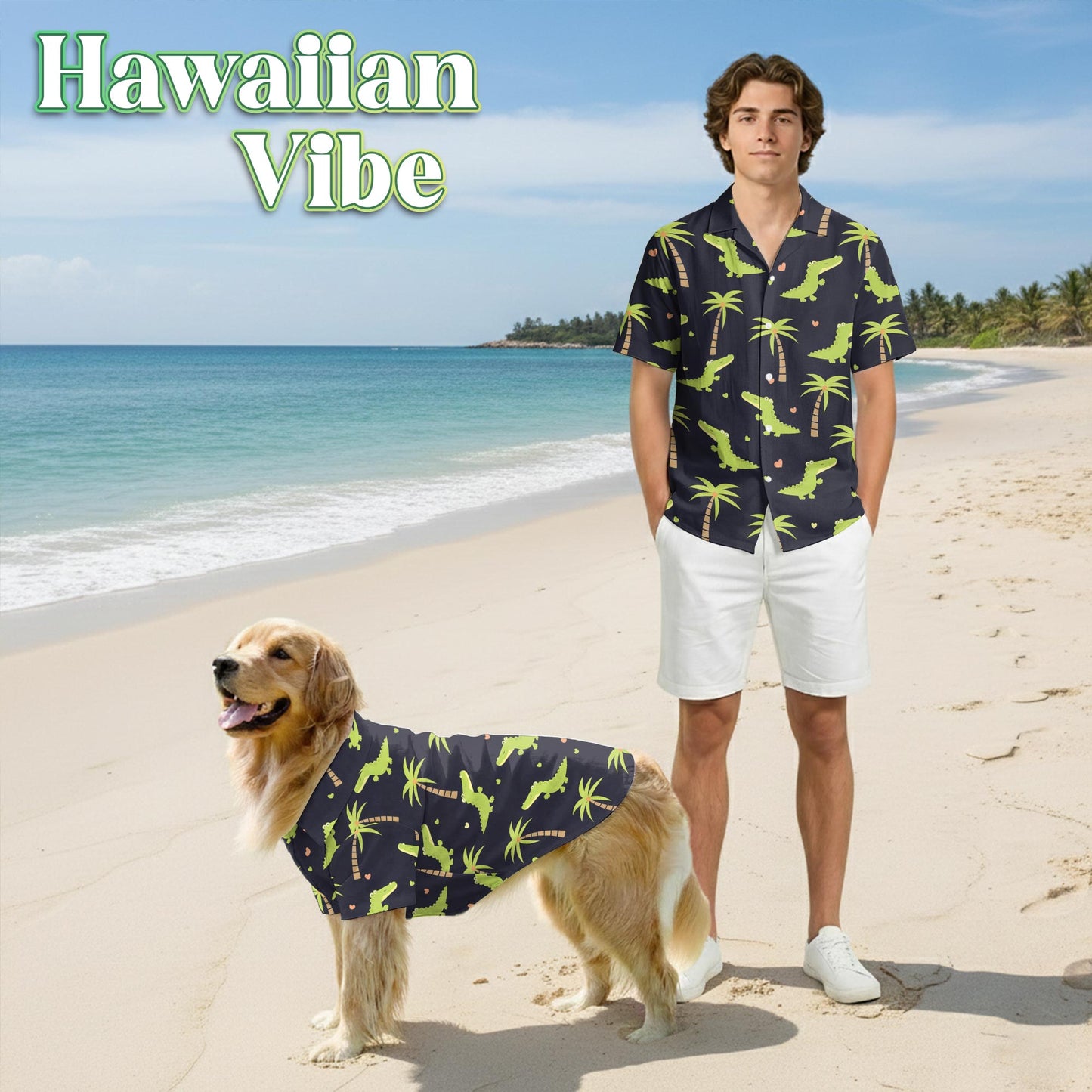 Cute Alligator Tropical Pattern Hawaii Dog and Owner Matching Button Shirts