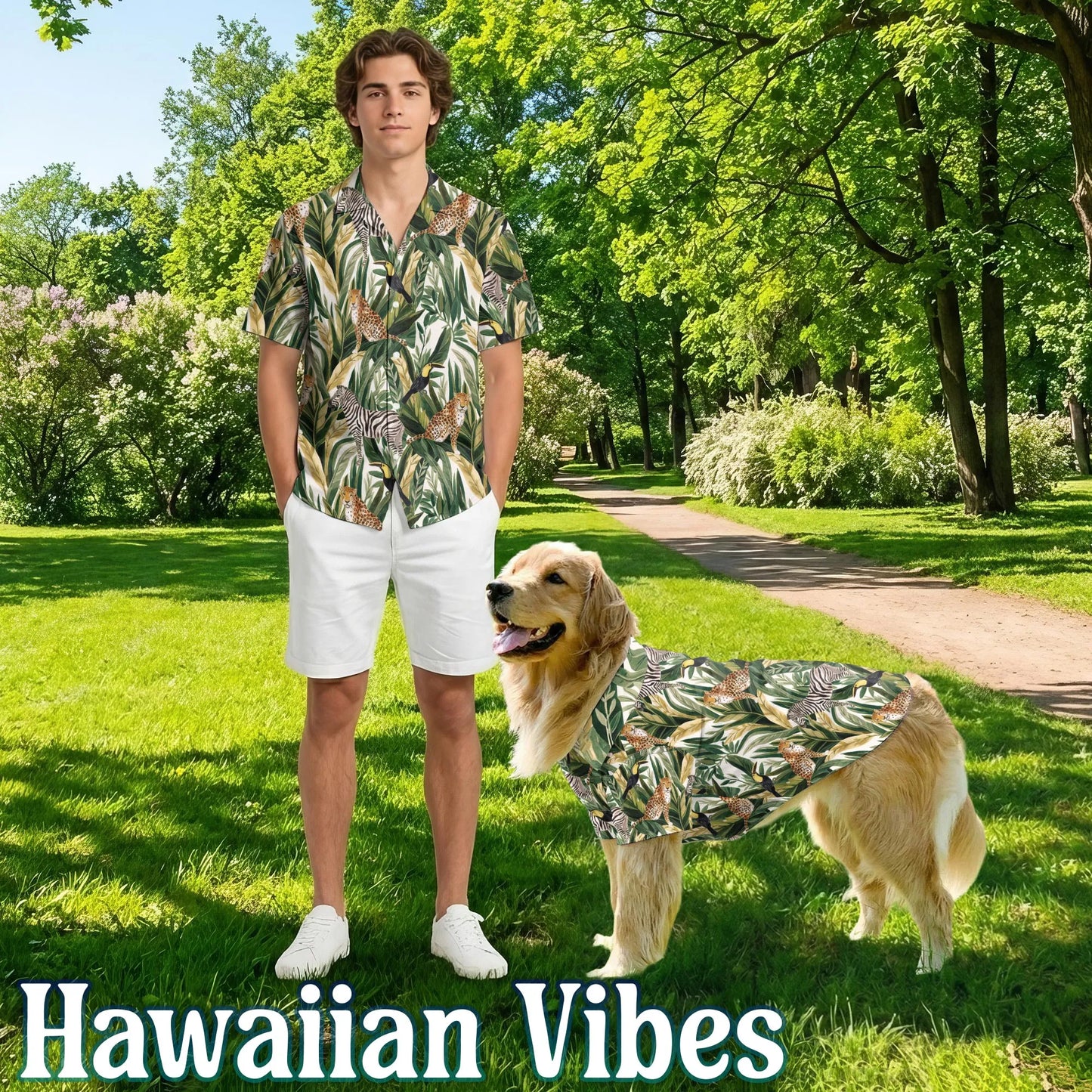 Matching Dog and Owner Hawaiian Shirts – Tropical Summer Wild Animals and Plants Beach Outfit