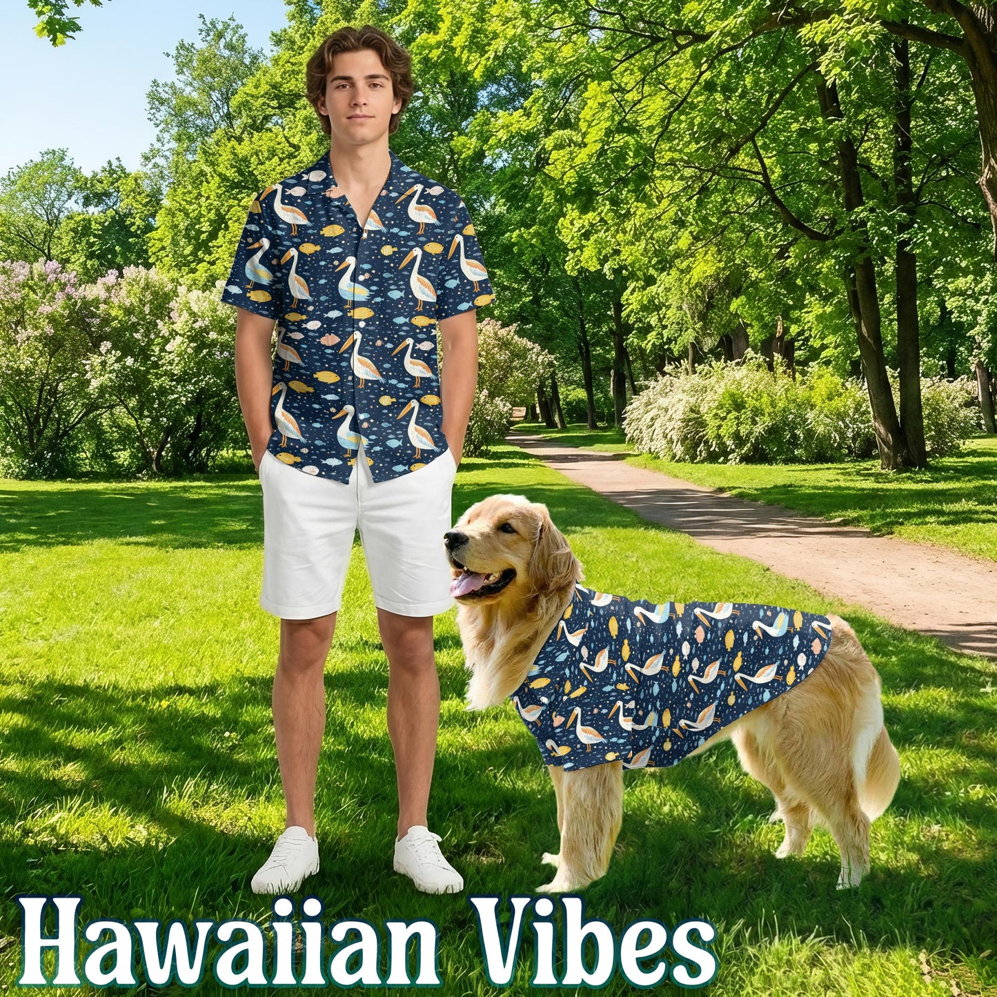 Netecom Matching Pelican Hawaiian Shirt for Dog and Owner, Aloha Summer Shirt, Pelican Print All Over Outfit for Pet and Human, Beach Vacation Casual Wear