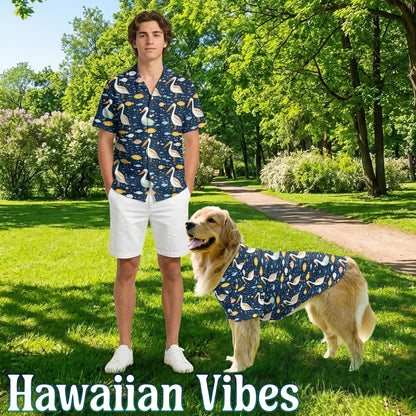Netecom Matching Pelican Hawaiian Shirt for Dog and Owner, Aloha Summer Shirt, Pelican Print All Over Outfit for Pet and Human, Beach Vacation Casual Wear