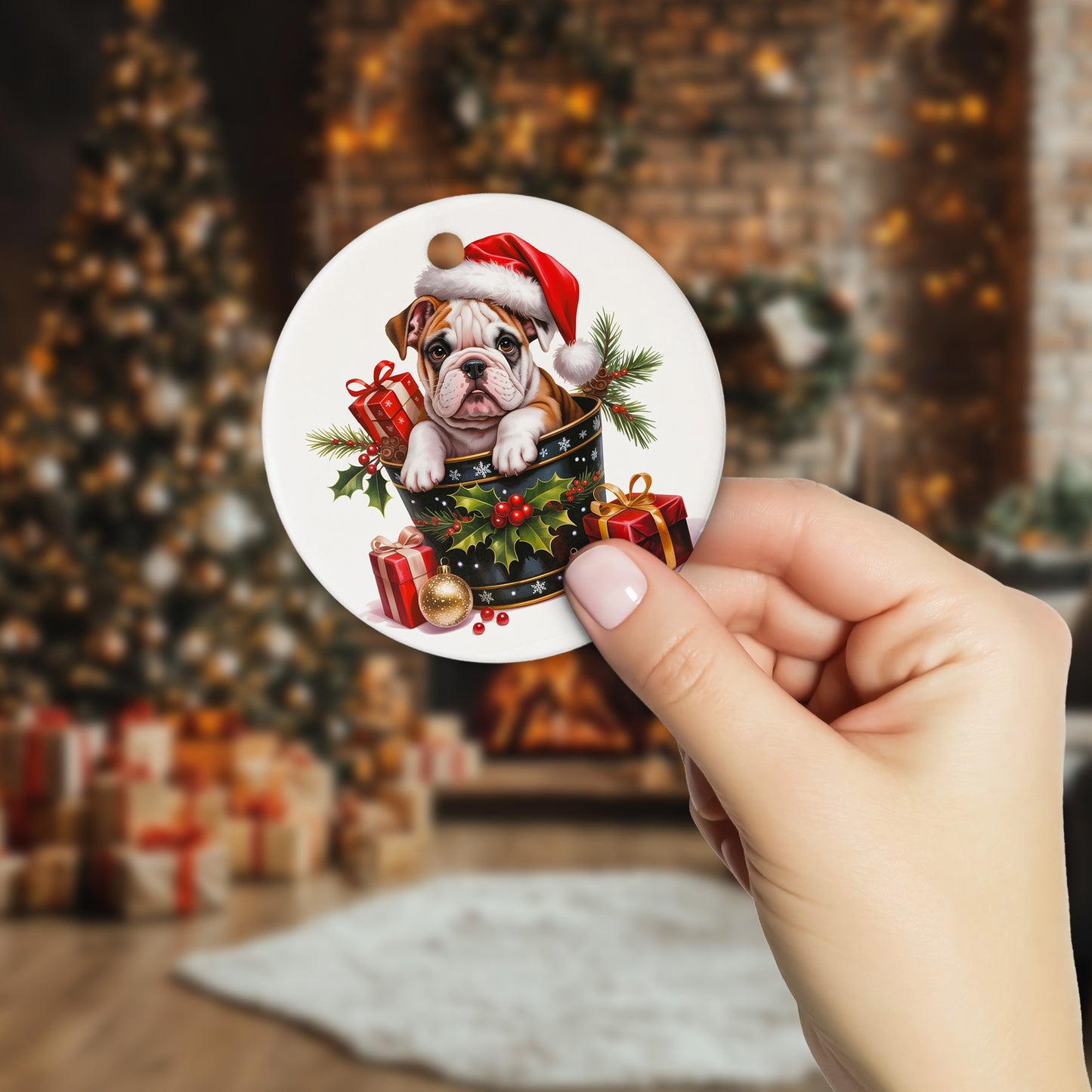 Netecom Cute Bulldog in Bucket Ornament, Dog with Santa Hat Ceramic Ornament for Christmas Tree Hanging Decorations Gift, Puppy Lover Gifts, Home Decor, Holiday Party Present