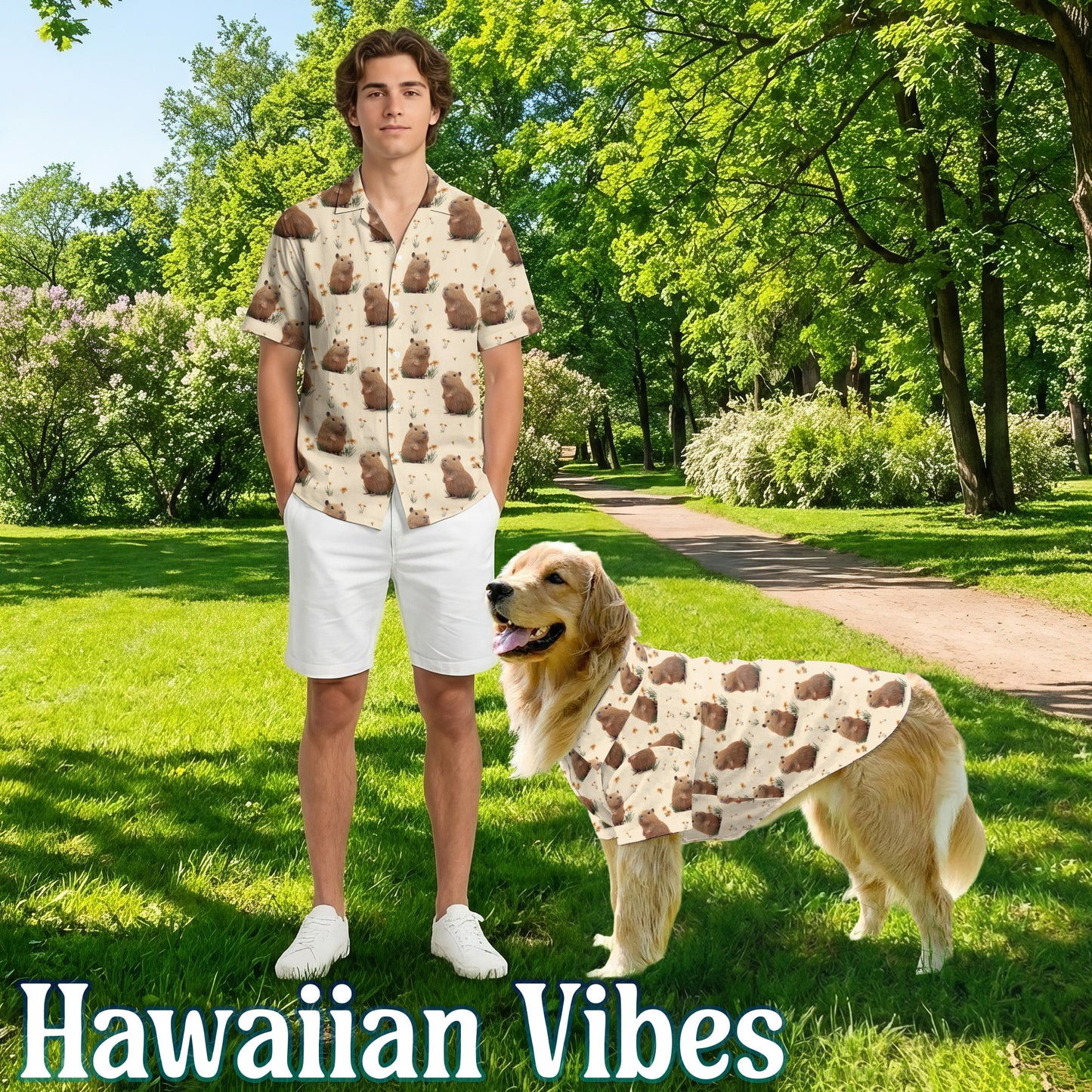 Netecom Matching Capybara Hawaiian Shirt for Dog and Owner, Aloha Summer Shirt, Capybara Print Button Down Outfit for Pet and Human, Beach Vacation Casual Wear
