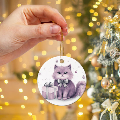 Netecom Cute Purple Cat Christmas Ornaments, Ceramic Kitten Keepsake Ornament for Christmas Tree Decorations, Cat Lover Gifts, Gifts for Holiday, Party, Home Decor