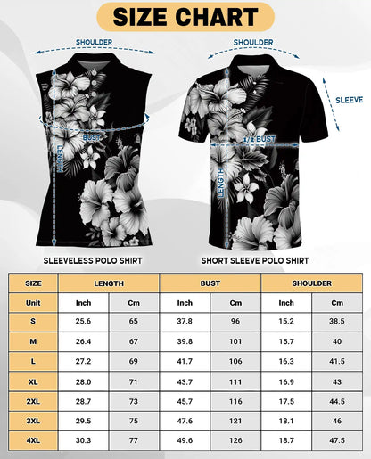 Black And White Hibiscus Polynesian Sleeveless Polo Shirt for Women | Netecom