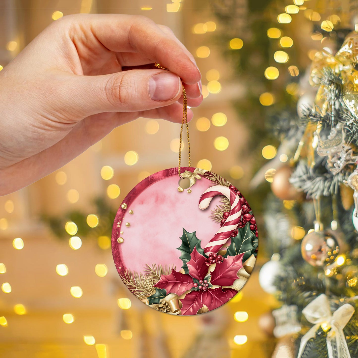 Netecom Elegant Pink Poinsettia and Holly Berries Leaves Christmas Ornament, Ceramic Candy Cane Keepsake Ornament for Xmas Tree Decorations, Gifts for Holiday, Party, Home Decor