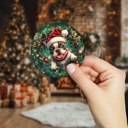 Netecom Funny French Bulldog in Santa Hat Christmas Ornament, Puppy Ceramic Ornament for Xmas Tree Hanging Decorations Gift, Dog Lover Gifts, Holiday Party Present