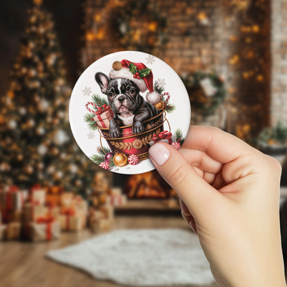 Netecom Funny French Bulldog in Bucket Ornament, Dog with Santa Hat Ceramic Ornament for Christmas Tree Hanging Decorations Gift, Puppy Lover Gifts, Home Decor, Holiday Party Present