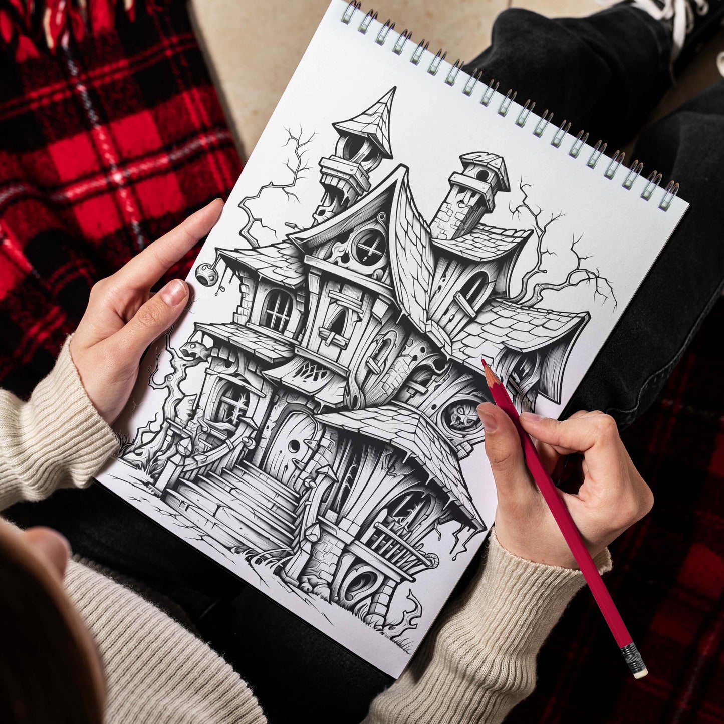 Cursed House Spiral Bound Coloring Book, Unleash Your Imagination in a Mysterious Setting with 30 Charming Pages of Haunted House Scenes.