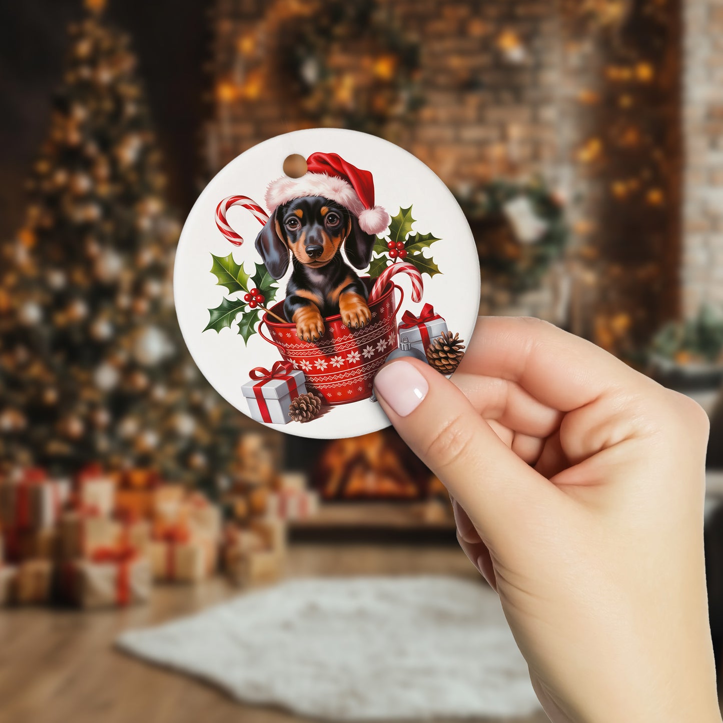 Netecom Cute Dachshund in Bucket Ornament, Wiener Dog with Santa Hat Ceramic Ornament for Christmas Tree Hanging Decorations Gift, Puppy Lover Gifts, Home Decor, Holiday Party Present