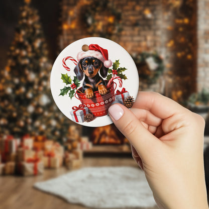 Netecom Cute Dachshund in Bucket Ornament, Wiener Dog with Santa Hat Ceramic Ornament for Christmas Tree Hanging Decorations Gift, Puppy Lover Gifts, Home Decor, Holiday Party Present