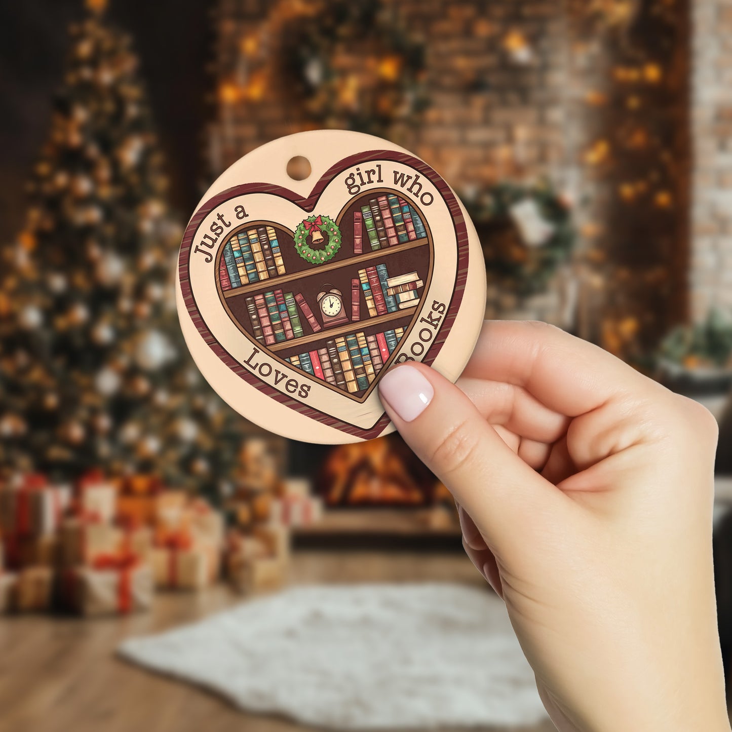 Netecom Just a Girl Who Loves Books Ornament, Bookshelf Heart Ceramic Ornament for Christmas Tree Hanging Decorations Gift, Book Lover Gifts for Women Librarian Teacher Bookworm, Party Present