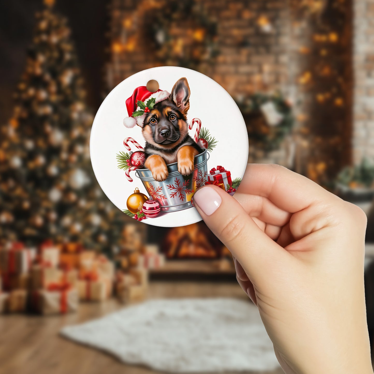 Netecom Funny German Shepherd in Bucket Ornament, Shepherd Dog with Santa Hat Ceramic Ornament for Christmas Tree Hanging Decorations Gift, Puppy Lover Gifts, Home Decor, Holiday Party Present