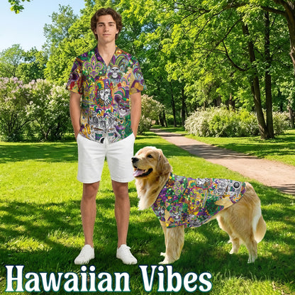 Netecom Matching Skulls Mardi Gras Hawaiian Shirt for Dog and Owner, Festive Aloha Summer Shirt, Skull Print Button Down Outfit for Pet and Human, Beach Vacation Casual Wear